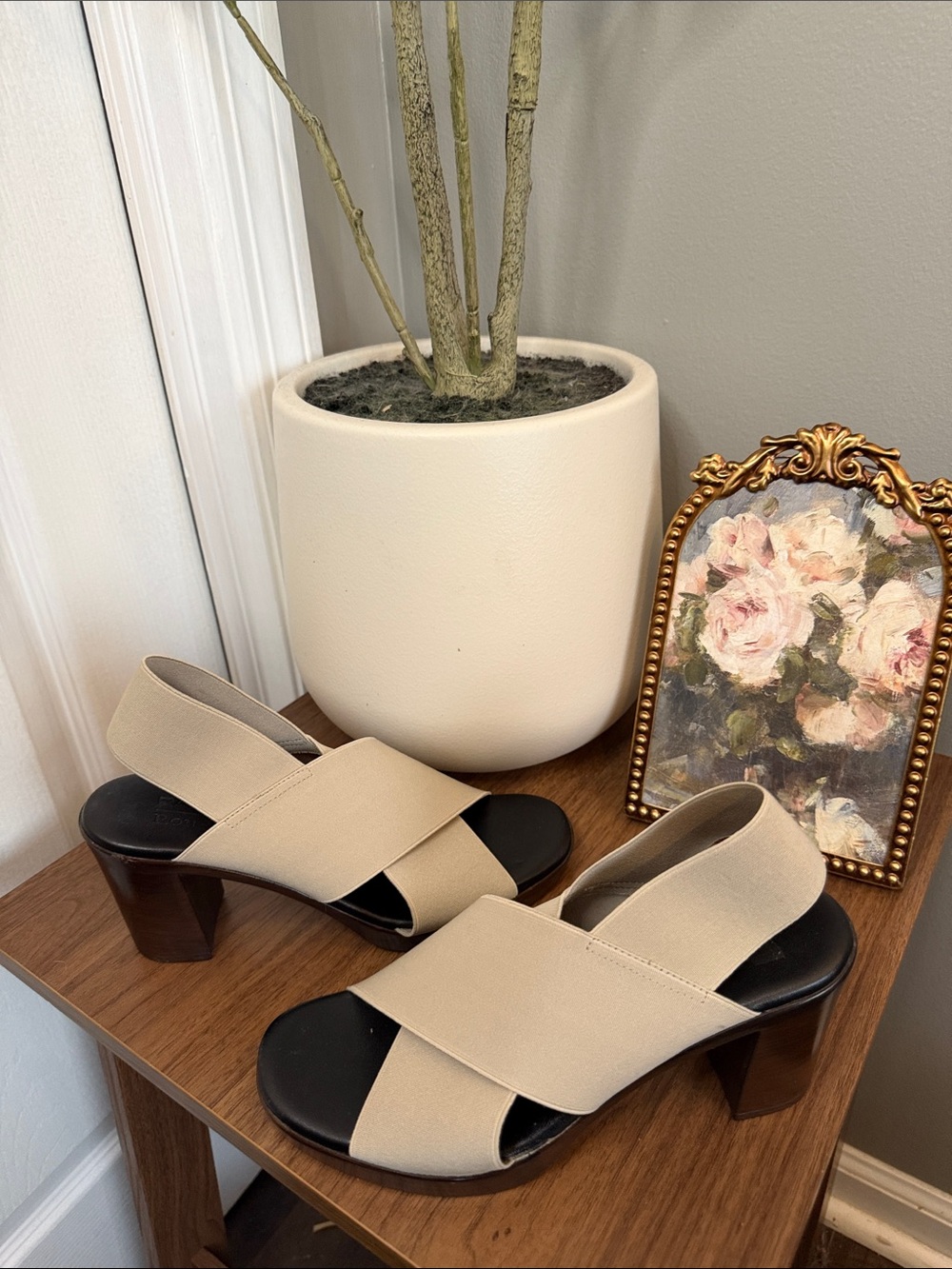 Rapisardi Ron White Made In Italy Beige Stretch Block Heel Sandals EU 37 - Picture 3 of 9